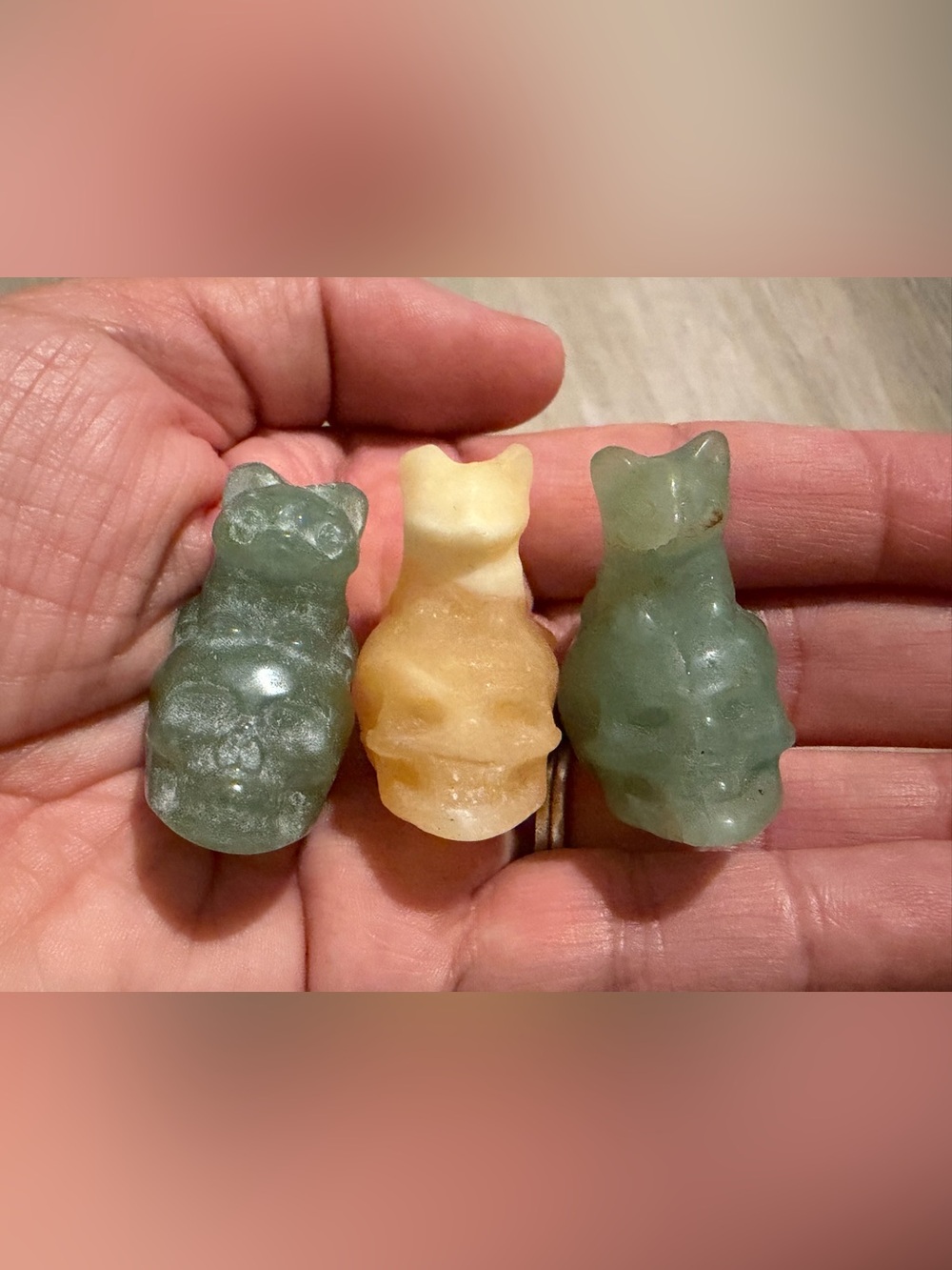 Green Aventurine And Yellow Calcite Cat On Skull Mini Carvings Lot Of 3